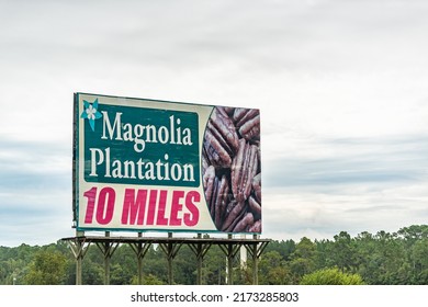 Adel, USA - October 5, 2021: View of interstate i-75 sign in Georgia for Magnolia Plantation in 10 miles distance in Tifton, a rest stop store for gifts and food souvenirs