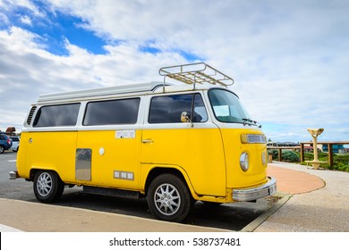 Adelaide, Australia - August 14, 2016: Classic yellow Volkswagen Transporter camper van parked on a street at Middleton beachfront