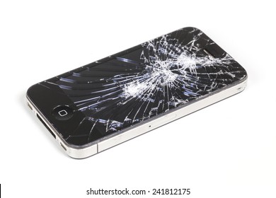 Adelaide, Australia - Dec 8: Studio shot of an iPhone 4 with seriously broken retina display screen isolated on white on Dec 8, 2014. iPhone 4 is a smartphone developed by Apple Inc.