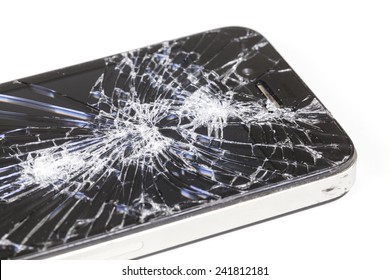 Adelaide, Australia - Dec 8: Studio shot of an iPhone 4 with seriously broken retina display screen isolated on white on Dec 8, 2014. iPhone 4 is a smartphone developed by Apple Inc.