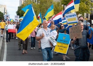 Adelaide, Australia - Feb 27, 2022: South Australian Rally For Support Of Ukraine And Protest Against Russian Invasion. Posters: I Am Not Australian But I Support You; The World Has Had Enough Of Puti