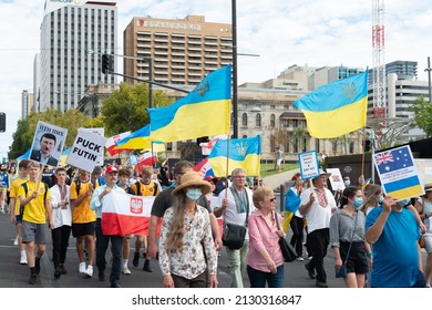 Adelaide, Australia - Feb 27, 2022: South Australian Rally For Support Of Ukraine And Protest Against Russian Invasion. Poster: Puck Futin; Ukraine Wants Peace - Say No To Putin