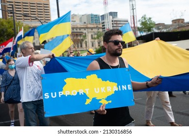 Adelaide, Australia - Feb 27, 2022: South Australian Rally For Support Of Ukraine And Protest Against Russian Invasion. Poster: Support Ukraine