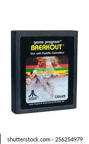 ADELAIDE, AUSTRALIA - February 06 2015: A Studio Shot Of An Atari 2600 Breakout Game Cartridge. A Popular Video Game From The 1980's Is Popular With Collectors And Retro Gamers Worldwide.