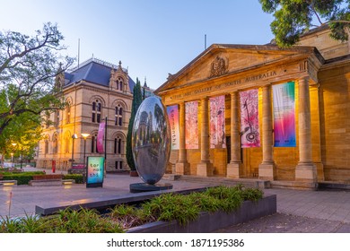ADELAIDE, AUSTRALIA, JANUARY 6, 2020: Sunset view of Art Gallery of South Australia in Adelaide