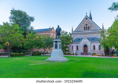 ADELAIDE, AUSTRALIA, JANUARY 7, 2020: Sunset View Of Illuminated Elder Hall Of University Of Adelaide, Australia