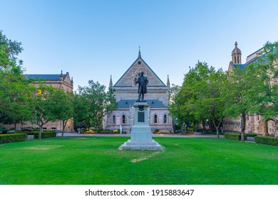 ADELAIDE, AUSTRALIA, JANUARY 7, 2020: Sunset View Of Illuminated Elder Hall Of University Of Adelaide, Australia