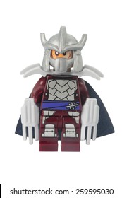 ADELAIDE, AUSTRALIA - March 10 2015:A studio shot of a Shredder Lego minifigure from the TMNT TV and Movie Series. Lego is extremely popular worldwide with children and collectors.