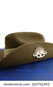 ADELAIDE, AUSTRALIA - MARCH 18, 2015: Australian Army Soldier Slouch Hat With Anzac WWI Rising Star Hat Badge, With Copy Space.