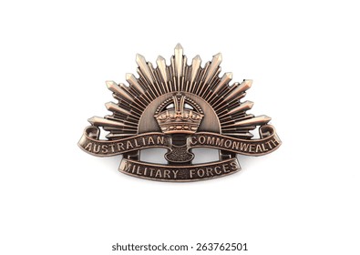 ADELAIDE, AUSTRALIA - MARCH 18, 2015: Australian Anzac WWI Rising Star Hat Badge On White Background.