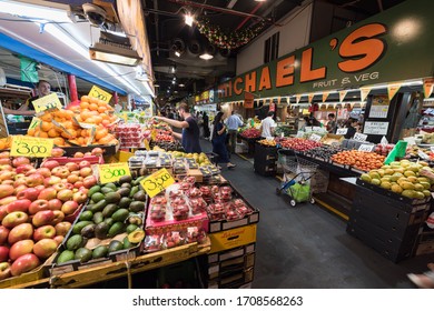 Adelaide, Australia - November 11, 2017: People At Adelaide Fresh Food Market Selling And Buying Fresh Produce 