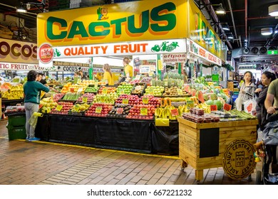 Adelaide, Australia - November 12, 2016: People Shopping At Adelaide Central Market On A Weekend. It Is A Popular Tourist Attraction In The CBD Area And The Most Visited Place In South Australia. 