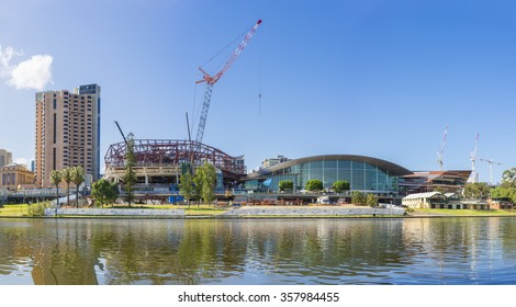 Adelaide, Australia - November 27, 2015: Development projects including the expansion of the convention centre, undergoing in the Riverbank Precinct of Adelaide in South Australia during daytime.   
