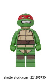 ADELAIDE, AUSTRALIA - October 18 2014:A studio shot of a Raphael Lego minifigure from the TMNT movies and cartoons. Lego is extremely popular worldwide with children and collectors.