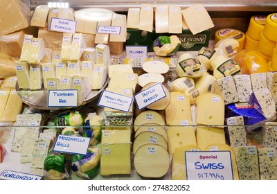 Adelaide, Australia - September 14, 2012: Variety Of Cheese Selling In A Cheese Shop In Adelaide Central Market, Which Is A Popular Tourist Attraction And Large Multicultural Market In The Central