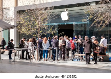 Adelaide, Australia - September 16, 2016: Customers Lined Up In The Queue During The Sales Launch Of IPhone 7 In Front Of Apple Store Rundle Mall