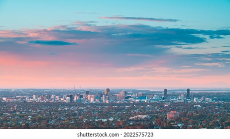 Adelaide City Skyline View At Dusk Viewed From The Carrick Hill