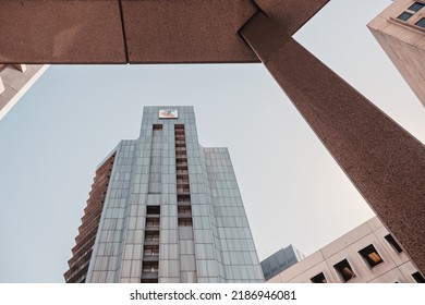 Adelaide City, South Australia - August 23, 20019: Telstra House high-rise building with the logo in Adelaide city centre while looking up on a day from the ground