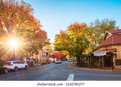 Adelaide Hills, South Australia - April 24, 2021: Hahndorf Main Street View With Cars And German Inn Coffee Shop During Autumn Season At Sunset Time