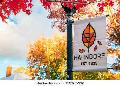 Adelaide Hills, South Australia - April 24, 2021: Hahndorf German Village Banner With Logo On The Main Street On A Day During Autumn Season