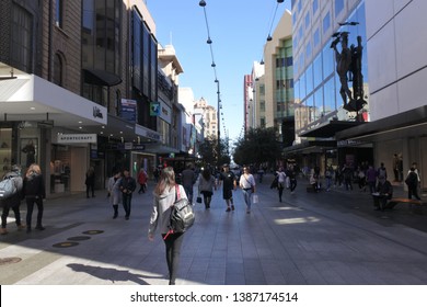 ADELAIDE - MAR 29 2019:Traffic On Rundle Mall Shopping Precinct, A Very Popular Local And Tourist Attraction In Adelaide, South Australia State, Australia.