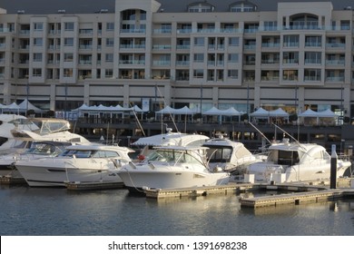 ADELAIDE - MAY 06 2019:Motor Boat Mooring At Marina Pier, A Popular Tourist Attraction In In Glenelg Adelaide South Australia