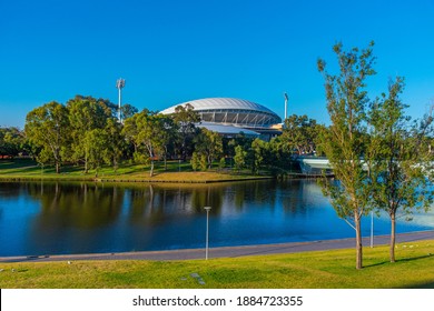 Adelaide Oval Viewed Behind Torrens River In Australia