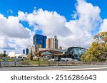 Adelaide Riverbank skyline viewed across Torrens river from Montefiore Bridge on a day