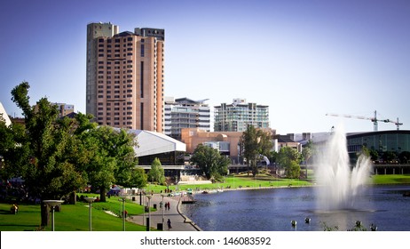 Adelaide Skyline And Torrens River At Sunset