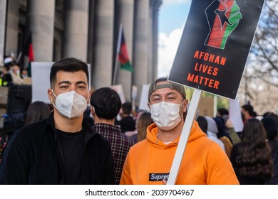 Adelaide, South Australia - August 29,2021: Hazara Australians Stand With Their Signs In Front Of The Parliament House Of South Australia.