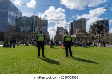 Adelaide, South Australia - August 29,2021: South Australian Police Stands Around The Protesters