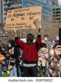 Adelaide, South Australia - August 29,2021: A High School Teacher Holds A Sign In Support Of Refugees From Afghanistan 