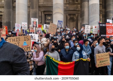 Adelaide, South Australia - August 29,2021: Hazara Australians Stand With Their Signs In Front Of The Parliament House Of South Australia.