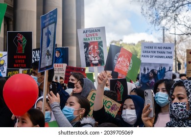 Adelaide, South Australia - August 29,2021: Hazara Australians Stand With Their Signs In Front Of The Parliament House Of South Australia.