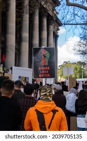 Adelaide, South Australia - August 29,2021: Hazara Australians Stand With Their Signs In Front Of The Parliament House Of South Australia.