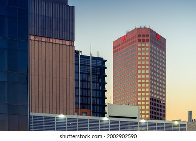 Adelaide, South Australia - December 23, 2018:  Westpac Main Office Building In Adelaide City Centre At Dusk Viewed From The Rooftop Car Park