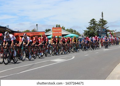 Adelaide, South Australia, Australia - January 26, 2020:  Santos Tour Down Under, Stage 6, Close-up Of Riders Travelling Along Aldinga Beach Esplanade.