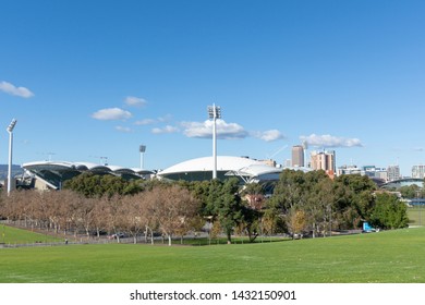 Adelaide, South Australia / Australia - June  22 2019: Adelaide Oval, Iconic South Australian Sporting Arena And Home To Major Events. Northern Approach And Adelaide Skyline.