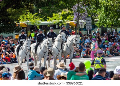 Adelaide, South Australia - November 14, 2015: Horse Police Squadron Opening The Credit Union Christmas Pageant 2015