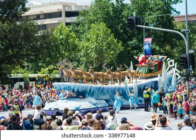 Adelaide, South Australia - November 14, 2015: Father Christmas Arriving At Credit Union Christmas Pageant 2015.