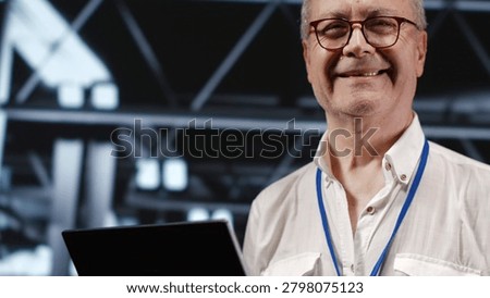 Adept IT professional navigating network of servers in industrial workspace, engineer with laptop in hand ensuring seamless operations, doing optimizations and maintenance in data center