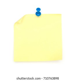 Adhesive Notes, Isolated Object on White background: Yellow with Blue Push Pin