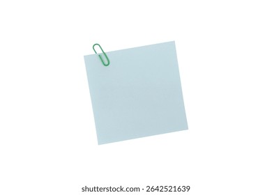 Adhesive notes or sticky note, A single green paperclip secures a blank light blue square note, isolated on a white background include clipping path