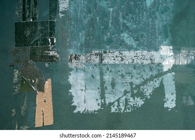 Adhesive Tape Remainders Over Old Green Metal Panel, Grunge Texture Abstract Background 