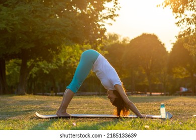 Adho Mukha Svanasana. Yoga Girl Training Outdoors On Nature Background. Yoga Concept. Woman Practicing Yoga Exercise. Downward Facing Dog Exercise, Adho Mukha Svanasana Pose. Healthy Lifestyle