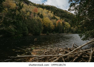 Adirondacks, NY, USA - June 29 2021: Mountains With Spring Water And Blue Sky Scene. Green Untouched Forest Landscape. Summertime In Adirondack Mountains. Upstate New York.