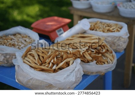 aditional fried snacks displayed at local street market