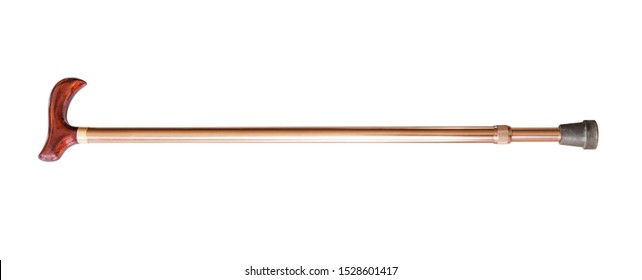 adjustable walking stick with derby style wooden handle and copper shaft isolated on white background