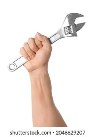 Adjustable wrench in male hand on white background