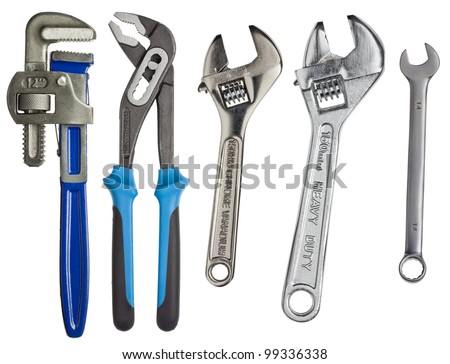Adjustable wrenches, spanners isolated on white.